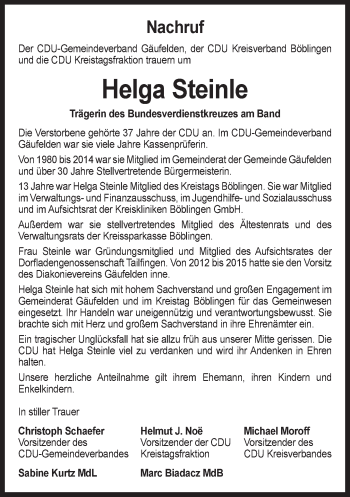 Traueranzeige von Helga Steinle von Kreiszeitung Böblinger Bote
