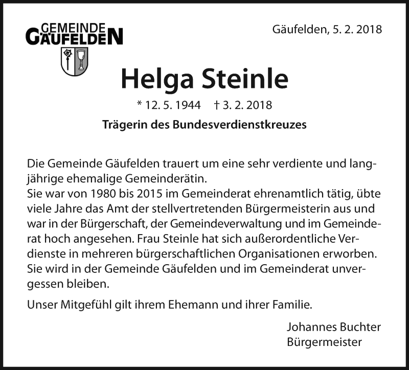  Traueranzeige für Helga Steinle vom 08.02.2018 aus Kreiszeitung Böblinger Bote