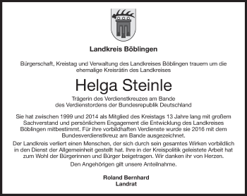 Traueranzeige von Helga Steinle von Kreiszeitung Böblinger Bote