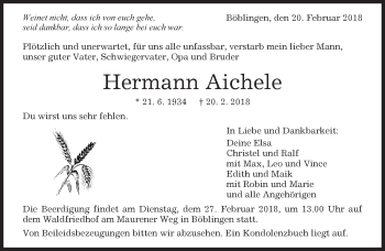 Traueranzeige von Hermann Aichele von Kreiszeitung Böblinger Bote