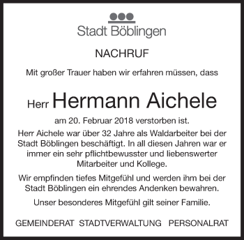 Traueranzeige von Hermann Aichele von Kreiszeitung Böblinger Bote