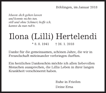 Traueranzeige von Ilona Hertelendi von Kreiszeitung Böblinger Bote