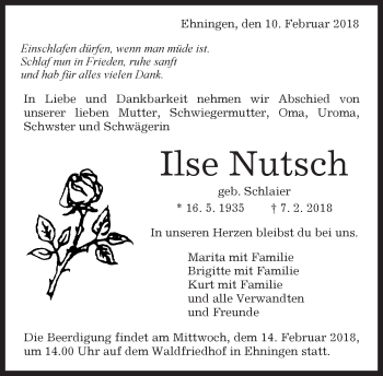 Traueranzeige von Ilse Nutsch von Kreiszeitung Böblinger Bote
