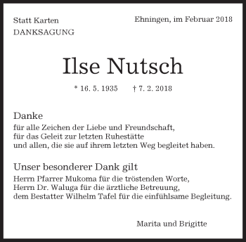 Traueranzeige von Ilse Nutsch von Kreiszeitung Böblinger Bote