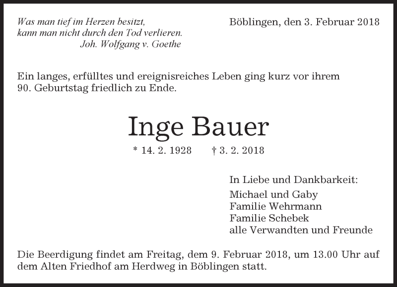  Traueranzeige für Inge Bauer vom 06.02.2018 aus Kreiszeitung Böblinger Bote