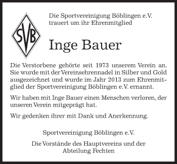 Traueranzeige von Inge Bauer von Kreiszeitung Böblinger Bote