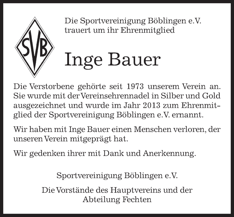  Traueranzeige für Inge Bauer vom 09.02.2018 aus Kreiszeitung Böblinger Bote