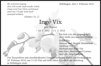 Traueranzeige von Inge Vix von Kreiszeitung Böblinger Bote