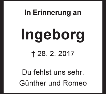 Traueranzeige von Ingeborg  von Kreiszeitung Böblinger Bote