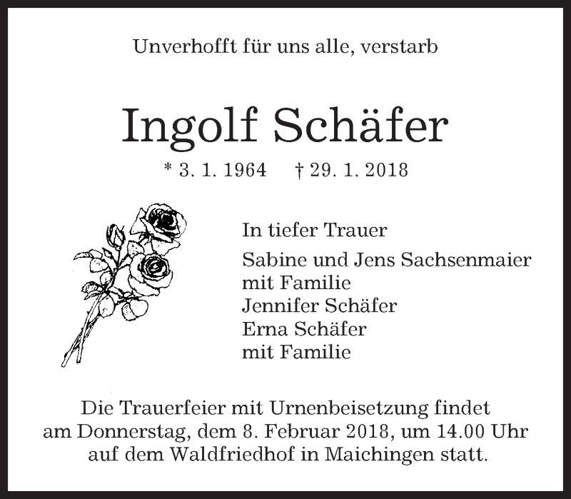  Traueranzeige für Ingolf Schäfer vom 06.02.2018 aus Kreiszeitung Böblinger Bote