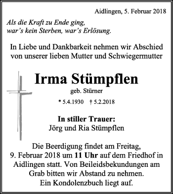 Traueranzeige von Irma Stümpflen von Kreiszeitung Böblinger Bote