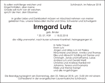 Traueranzeige von Irmgard Lutz von Kreiszeitung Böblinger Bote