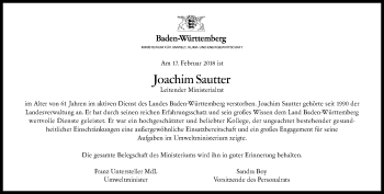 Traueranzeige von Joachim Sautter von Kreiszeitung Böblinger Bote