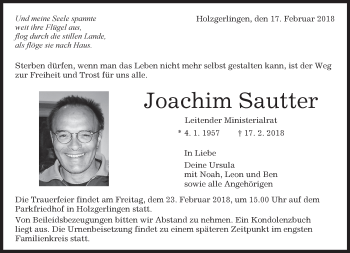 Traueranzeige von Joachim Sautter von Kreiszeitung Böblinger Bote