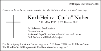 Traueranzeige von Karl-Heinz Nuber von Kreiszeitung Böblinger Bote