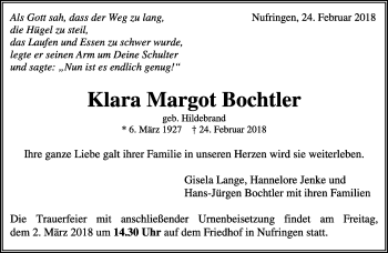 Traueranzeige von Klara Margot Bochtler von Kreiszeitung Böblinger Bote