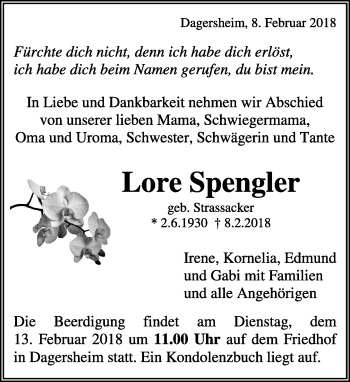 Traueranzeige von Lore Spengler von Kreiszeitung Böblinger Bote
