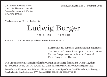 Traueranzeige von Ludwig Burger von Kreiszeitung Böblinger Bote