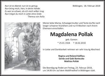 Traueranzeige von Magdalena Pollak von Kreiszeitung Böblinger Bote