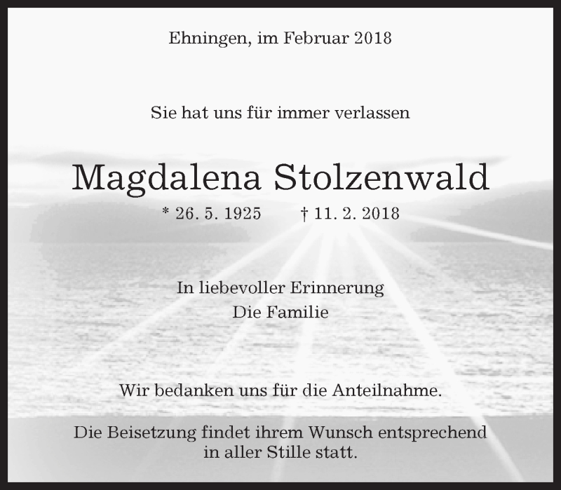  Traueranzeige für Magdalena Stolzenwald vom 17.02.2018 aus Kreiszeitung Böblinger Bote