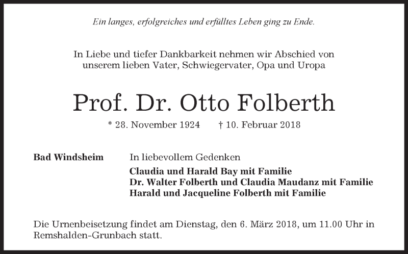  Traueranzeige für Otto Folberth vom 15.02.2018 aus Kreiszeitung Böblinger Bote