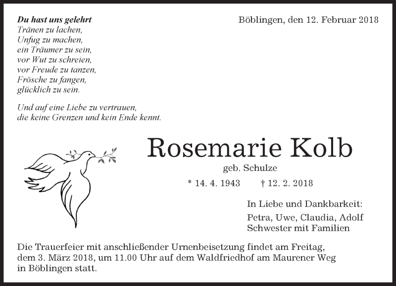  Traueranzeige für Rosemarie Kolb vom 14.02.2018 aus Kreiszeitung Böblinger Bote