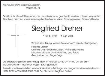 Traueranzeige von Siegfried Dreher von Kreiszeitung Böblinger Bote