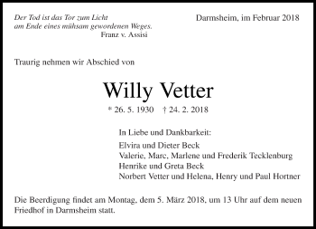 Traueranzeige von Willy Vetter von Kreiszeitung Böblinger Bote