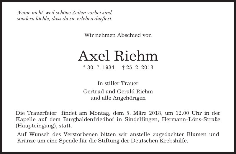  Traueranzeige für Axel Riehm vom 02.03.2018 aus Kreiszeitung Böblinger Bote