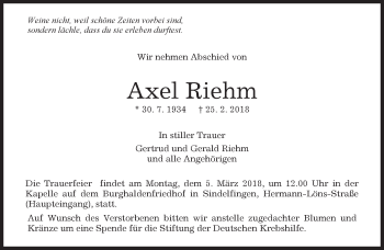 Traueranzeige von Axel Riehm von Kreiszeitung Böblinger Bote