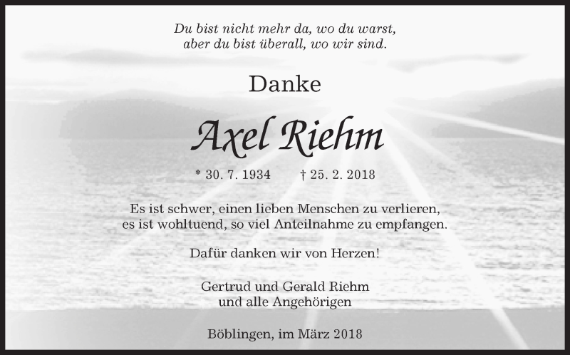  Traueranzeige für Axel Riehm vom 14.03.2018 aus Kreiszeitung Böblinger Bote