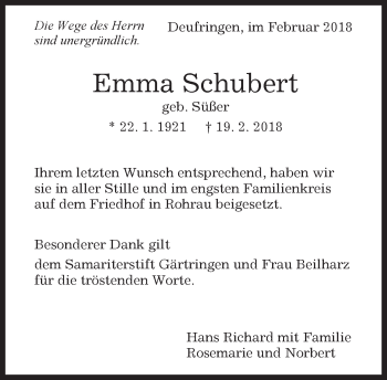 Traueranzeige von Emma Schubert von Kreiszeitung Böblinger Bote