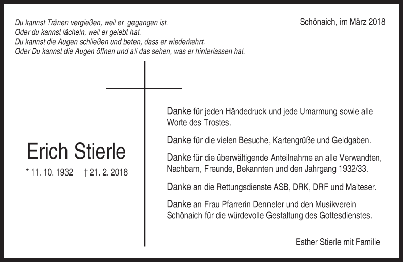  Traueranzeige für Erich Stierle vom 08.03.2018 aus Kreiszeitung Böblinger Bote