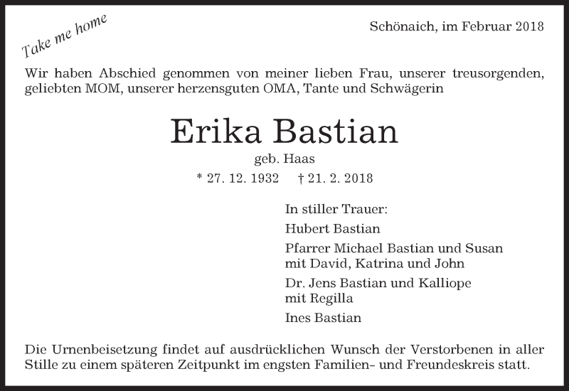  Traueranzeige für Erika Bastian vom 08.03.2018 aus Kreiszeitung Böblinger Bote