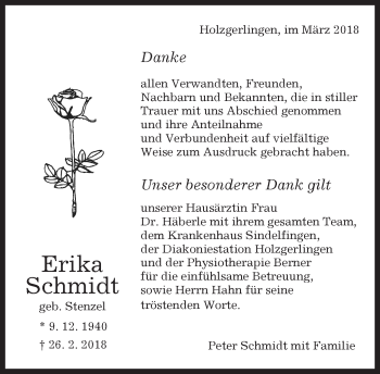 Traueranzeige von Erika Schmidt von Kreiszeitung Böblinger Bote