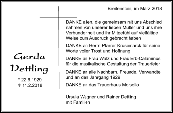 Traueranzeige von Gerda Dettling von Kreiszeitung Böblinger Bote