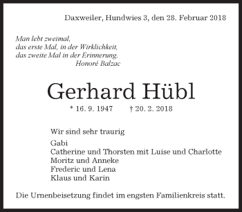 Traueranzeige von Gerhard Hübl von Kreiszeitung Böblinger Bote