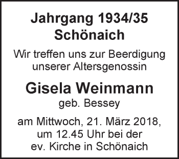 Traueranzeige von Gisela Weinmann von Kreiszeitung Böblinger Bote
