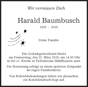 Traueranzeige von Harald Baumbusch von Kreiszeitung Böblinger Bote