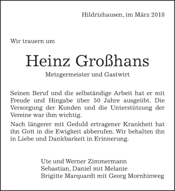 Traueranzeige von Heinz Großhans von Kreiszeitung Böblinger Bote