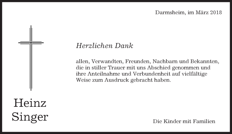  Traueranzeige für Heinz Singer vom 15.03.2018 aus Kreiszeitung Böblinger Bote