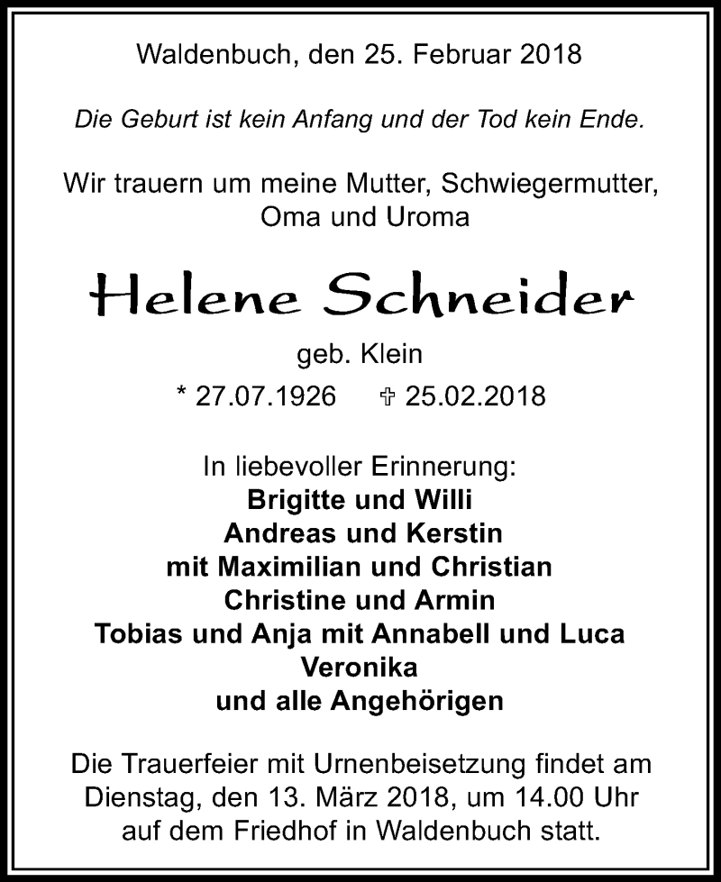  Traueranzeige für Helene Schneider vom 08.03.2018 aus Kreiszeitung Böblinger Bote