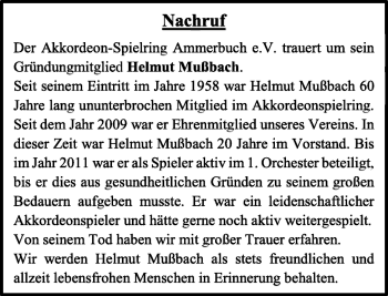 Traueranzeige von Helmut Mußbach von Kreiszeitung Böblinger Bote