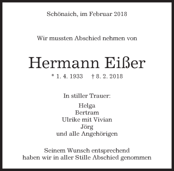 Traueranzeige von Hermann Eißer von Kreiszeitung Böblinger Bote