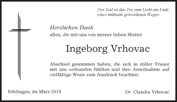 Traueranzeige von Ingeborg Vrhovac von Kreiszeitung Böblinger Bote
