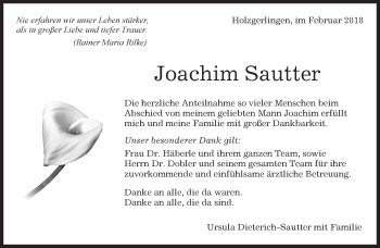 Traueranzeige von Joachim Sautter von Kreiszeitung Böblinger Bote