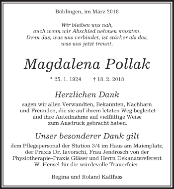Traueranzeige von Magdalena Pollak von Kreiszeitung Böblinger Bote