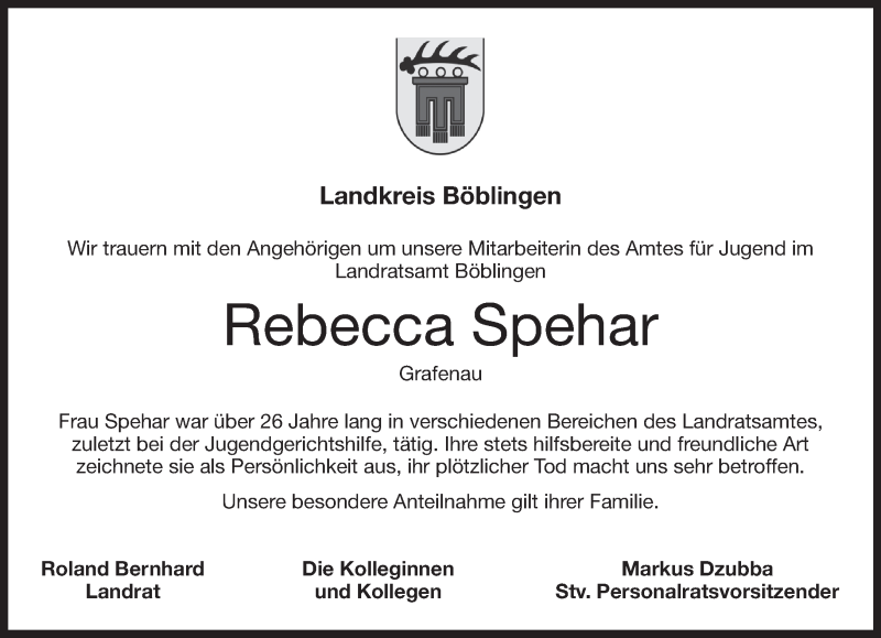  Traueranzeige für Rebecca Spehar vom 31.03.2018 aus Kreiszeitung Böblinger Bote