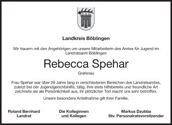 Traueranzeige von Rebecca Spehar von Kreiszeitung Böblinger Bote