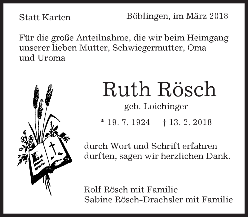  Traueranzeige für Ruth Rösch vom 02.03.2018 aus Kreiszeitung Böblinger Bote